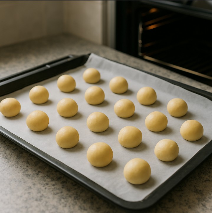 Disponha as bolinhas num tabuleiro forrado com papel vegetal, deixando espaço entre elas.