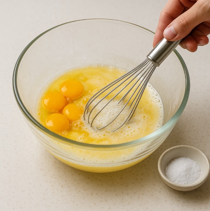 Numa tigela, bata os ovos com o óleo, o leite morno e uma pitada de sal.