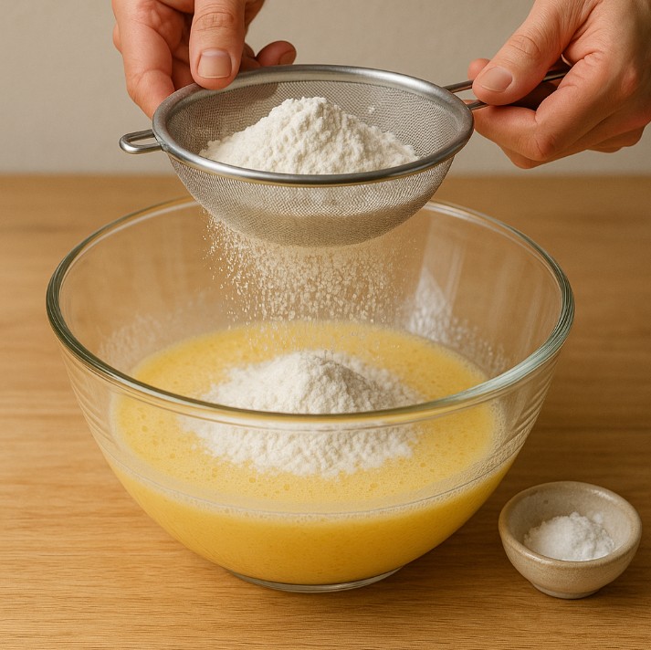 Adicione a farinha peneirada e o fermento, misturando bem até obter uma massa homogênea.