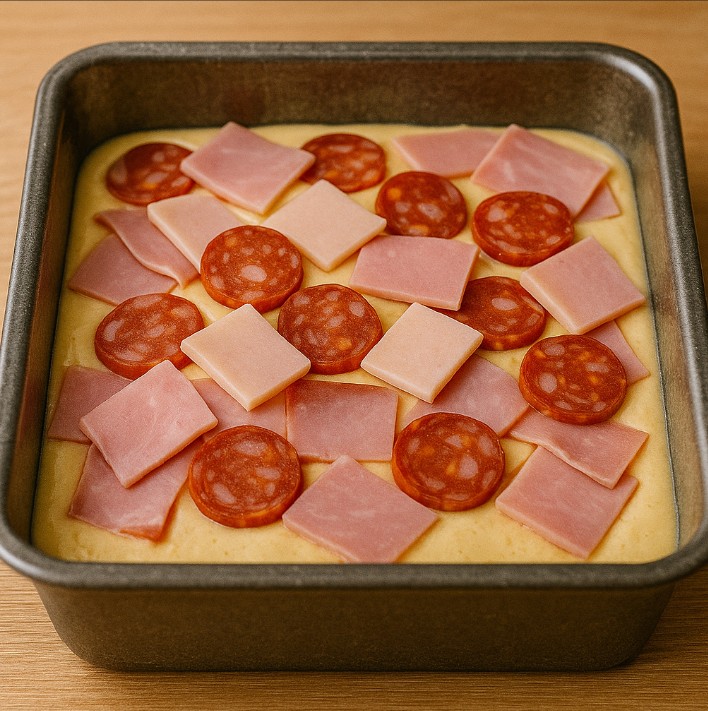 Despeje metade da massa na forma e distribua por cima as carnes (presunto, fiambre, chouriço).