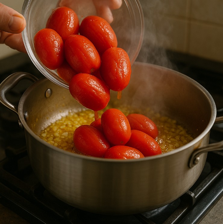 Adicione os tomates pelados e deixe cozinhar por cerca de 5 minutos.