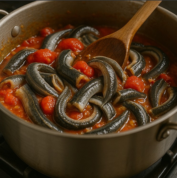 Incorpore as enguias e misture bem com os ingredientes.