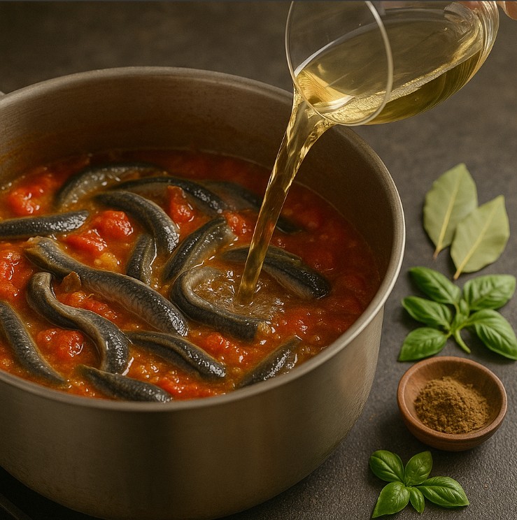 Acrescente o vinho branco, o louro, o cominhão e o manjerico. Tempere com sal e pimenta.