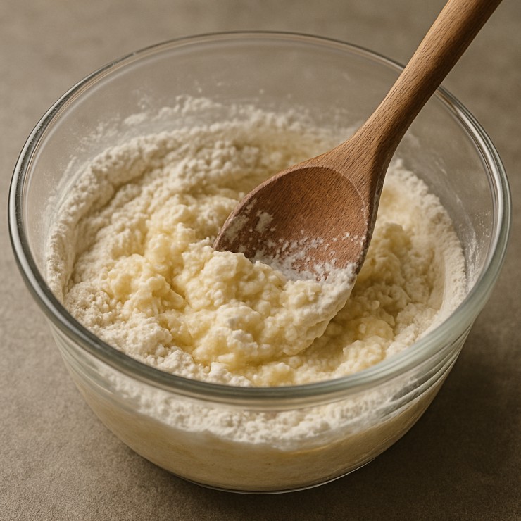 Em uma tigela, misture a farinha de trigo com a manteiga e a água até formar uma pasta homogênea.