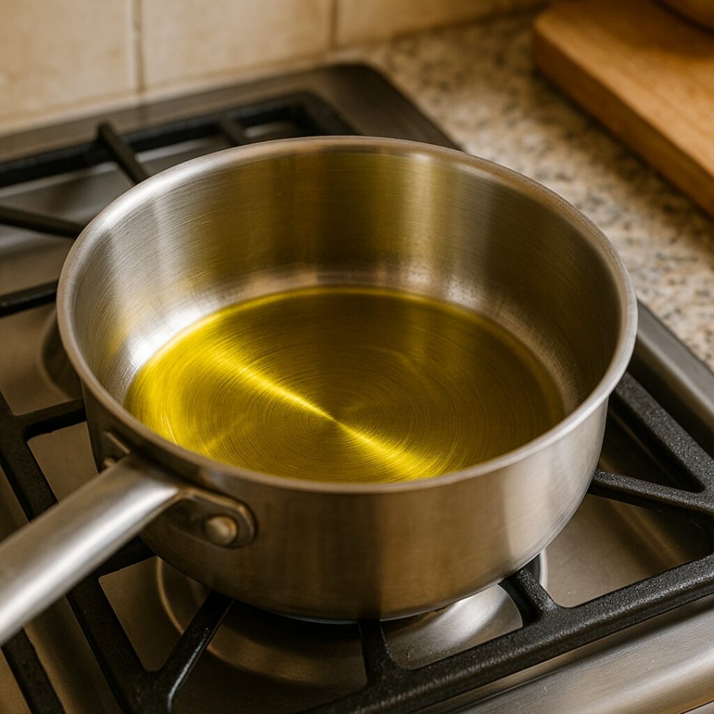 Em uma panela média, aqueça o azeite de oliva em fogo médio.