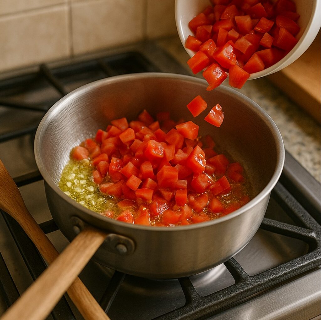 Acrescente os tomates picados e cozinhe por 5 minutos, mexendo ocasionalmente.