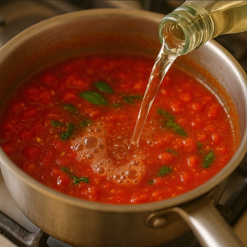 Coloque o vinho branco e a água, e deixe cozinhar por aproximadamente 10 minutos, até que o molho espesse levemente.